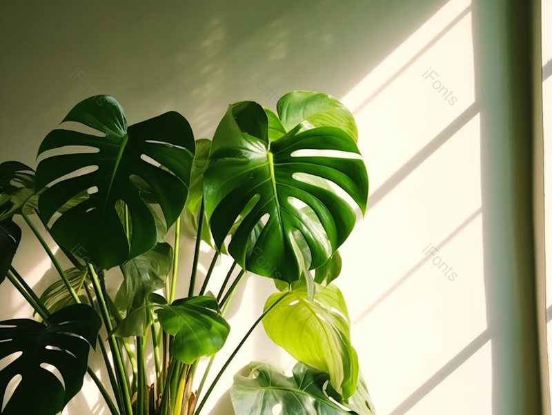 拍摄绿色龟背竹室内植物阳光射影照片,高清,摄影图,摄影图片,图片大全,摄影图免费下载